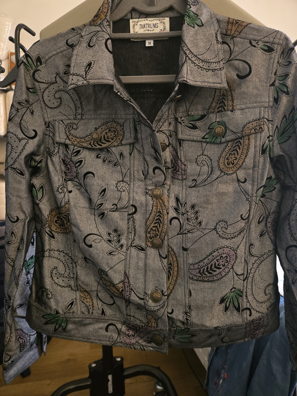 Embossed velvet Paisley Jean Jacket with Green and Tan Accents vintage Denim ye